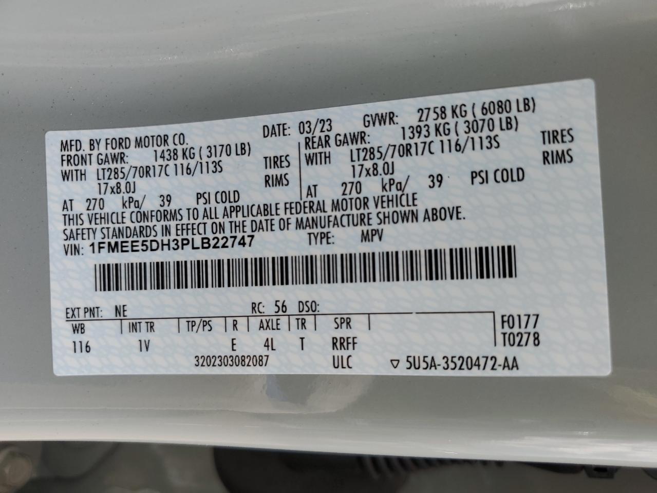 2023 FORD BRONCO BASE VIN:1FMEE5DH3PLB22747