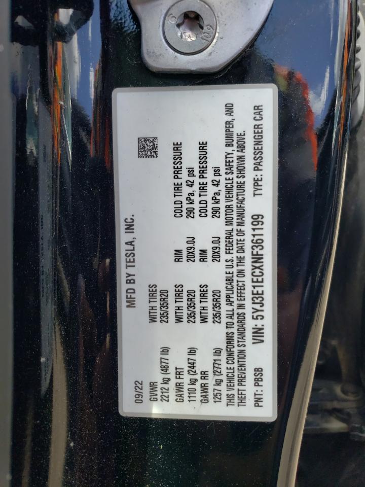 2022 TESLA MODEL 3 VIN:5YJ3E1ECXNF361199
