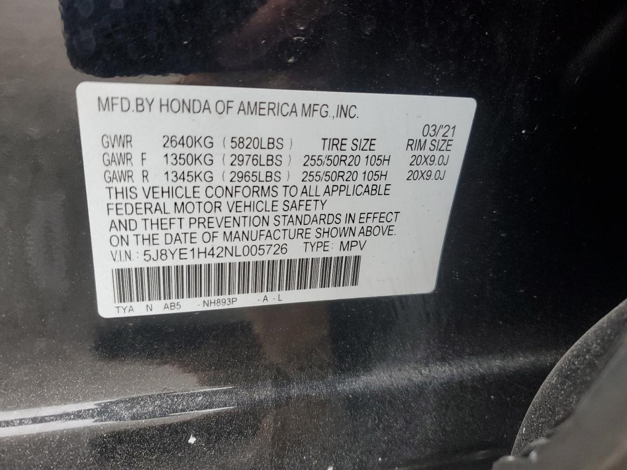 2022 ACURA MDX TECHNOLOGY VIN:5J8YE1H42NL005726
