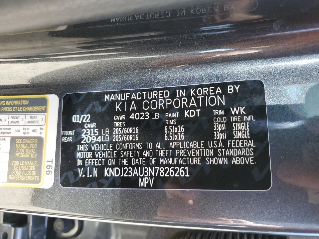 2022 KIA SOUL LX VIN:KNDJ23AU3N7826261