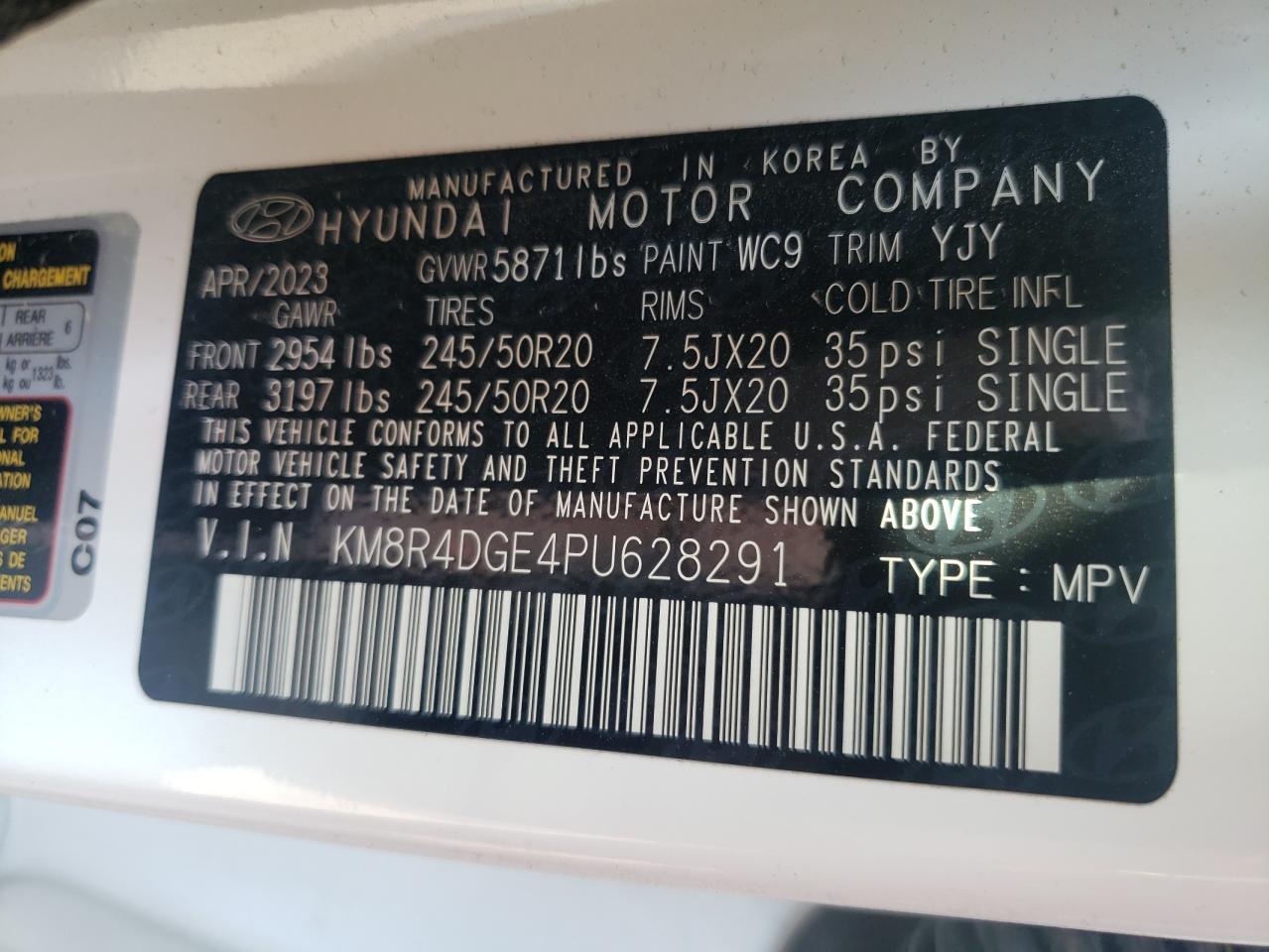 2023 HYUNDAI PALISADE SEL PREMIUM VIN:KM8R4DGE4PU628291