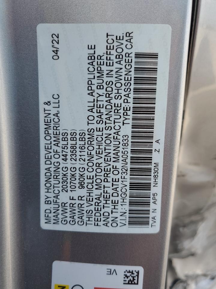 2022 HONDA ACCORD SPORT VIN:1HGCV1F32NA051833