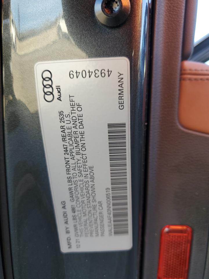 2022 AUDI A4 PREMIUM PLUS 45 VIN:WAUEAAF40NN006519