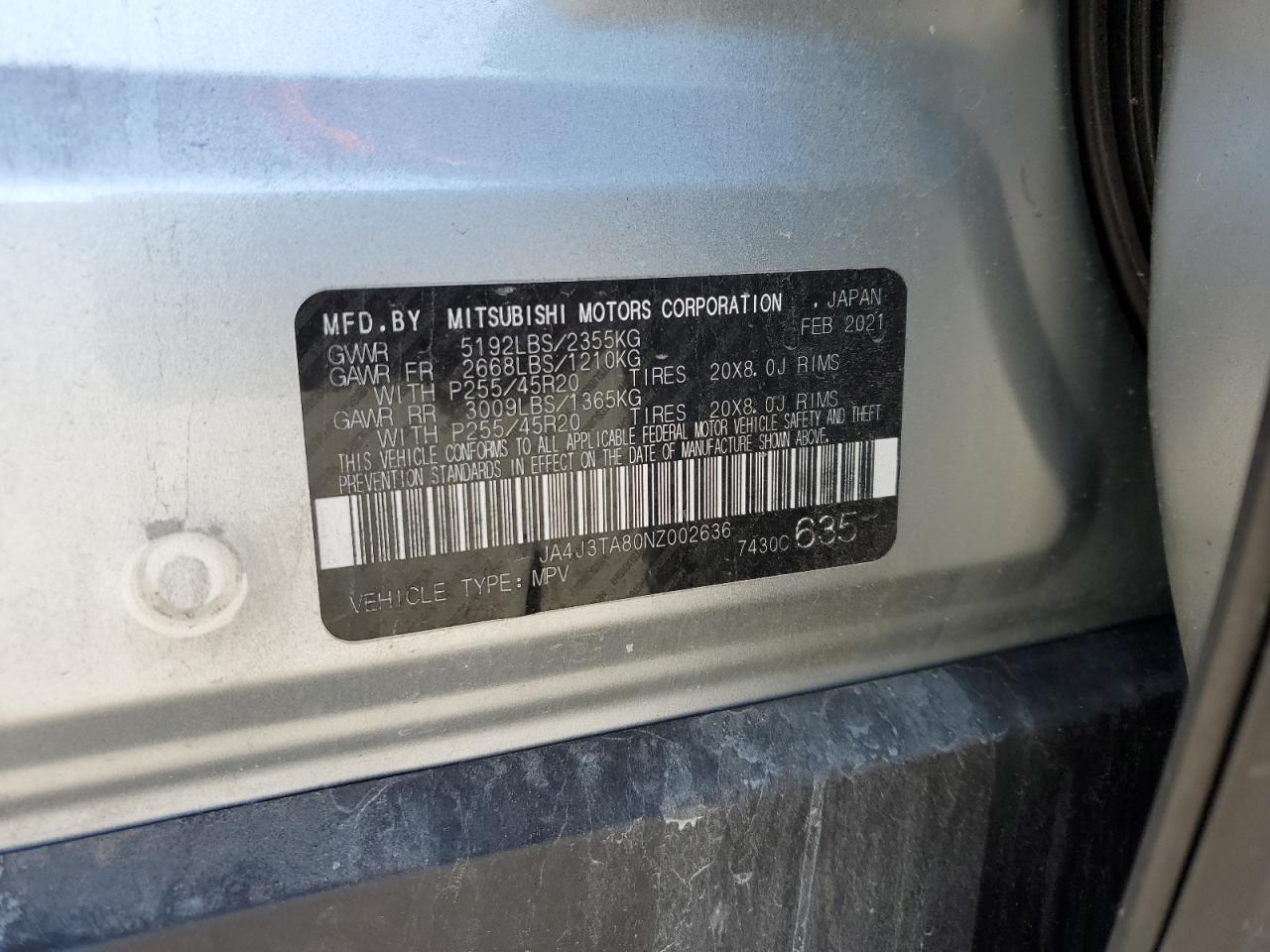 2022 MITSUBISHI OUTLANDER ES VIN:JA4J3TA80NZ002636