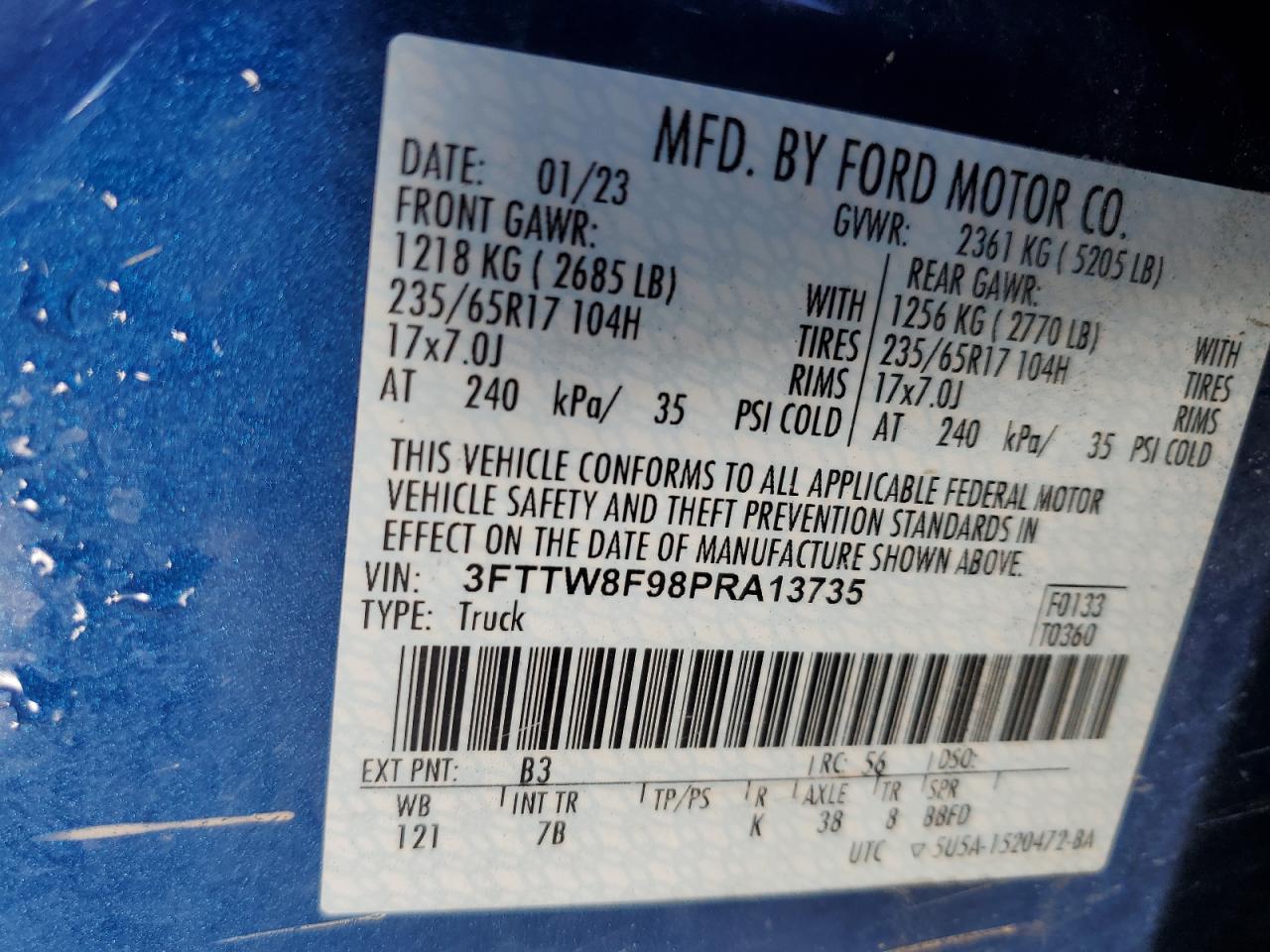 2023 FORD MAVERICK XL VIN:3FTTW8F98PRA13735