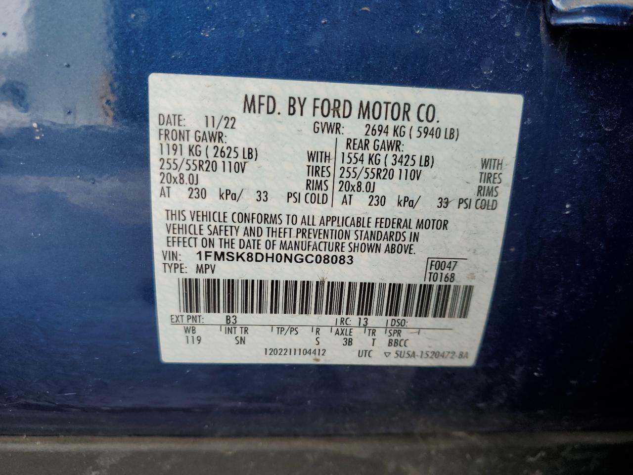 2022 FORD EXPLORER XLT VIN:1FMSK8DH0NGC08083