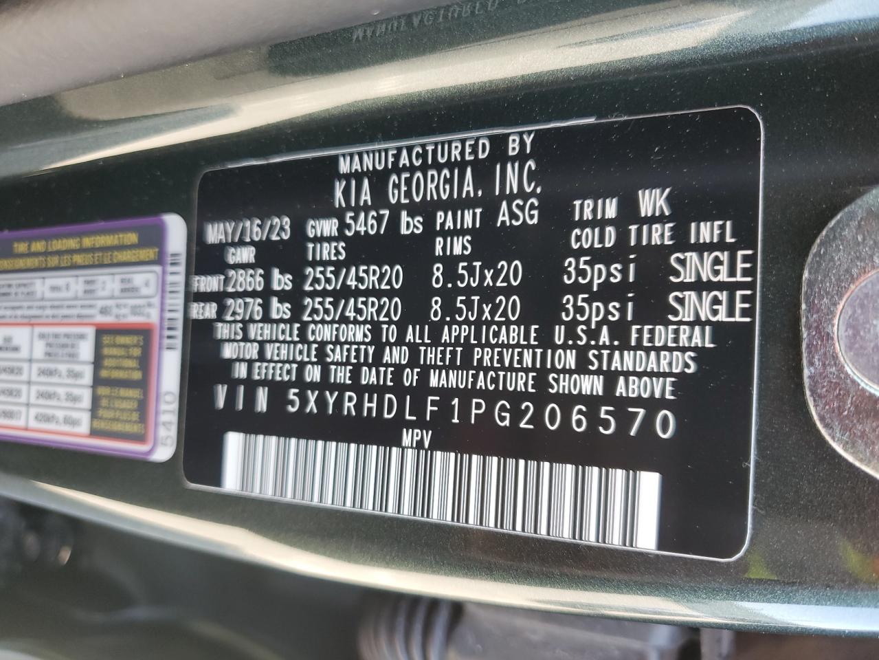 2023 KIA SORENTO EX VIN:5XYRHDLF1PG206570