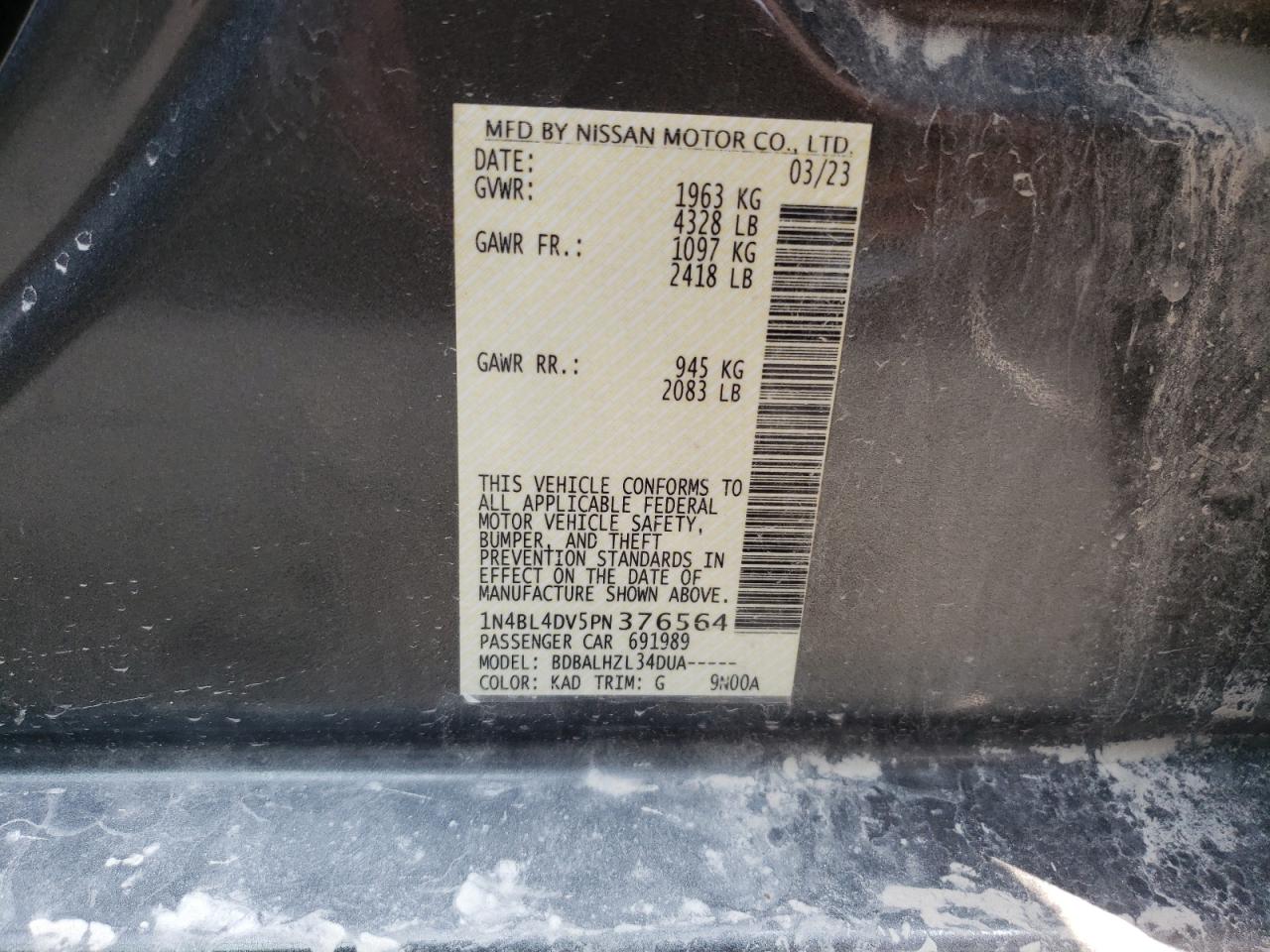 2023 NISSAN ALTIMA SV VIN:1N4BL4DV5PN376564