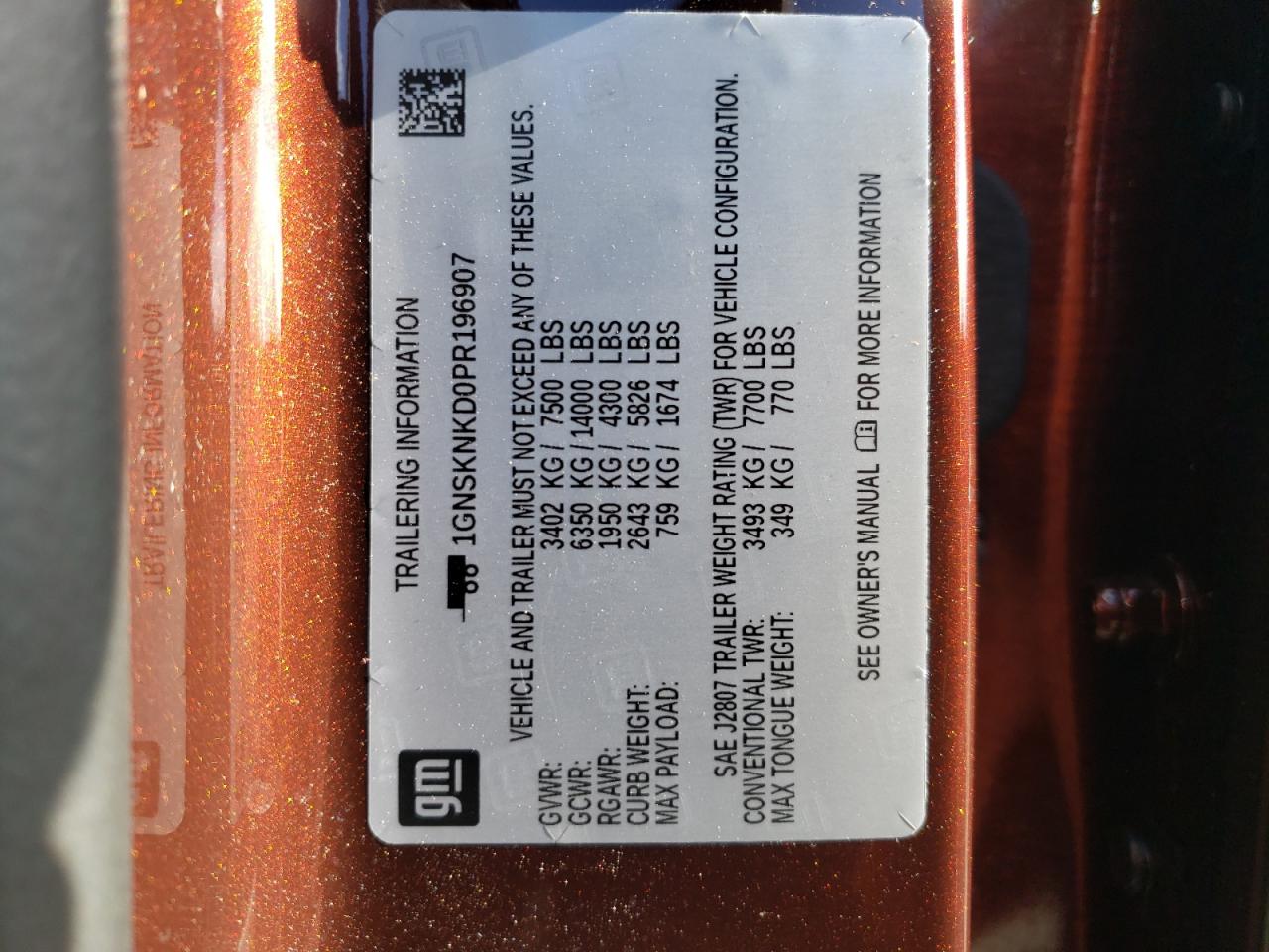 2023 CHEVROLET TAHOE K1500 LT VIN:1GNSKNKD0PR196907