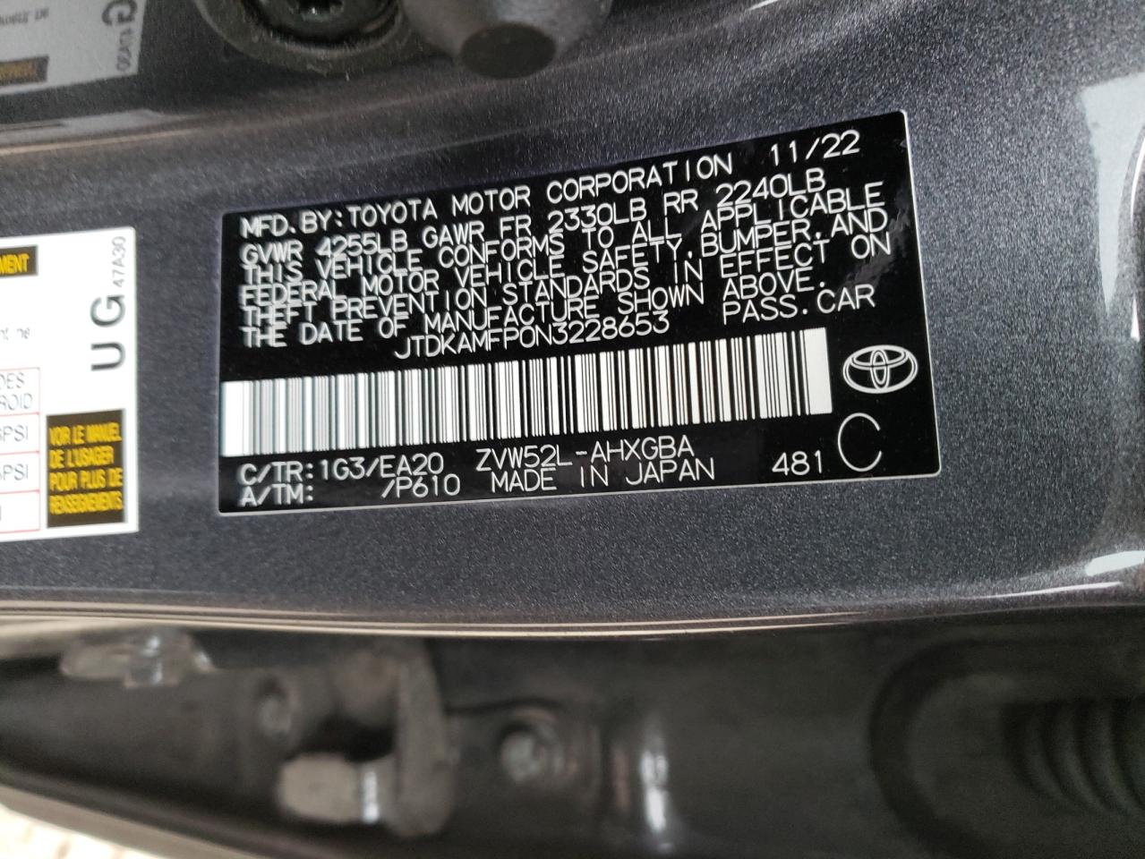 2022 TOYOTA PRIUS PRIME LE VIN:JTDKAMFP0N3228653