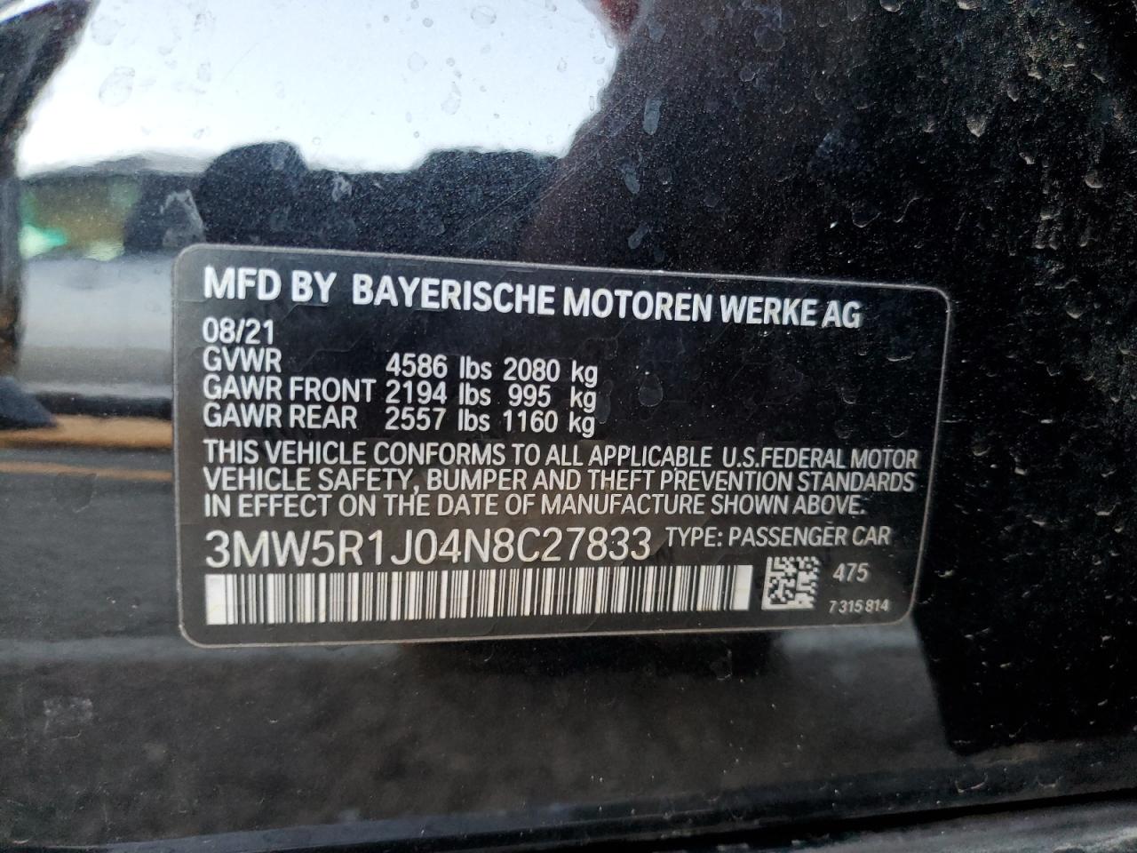 2022 BMW 330I VIN:3MW5R1J04N8C27833