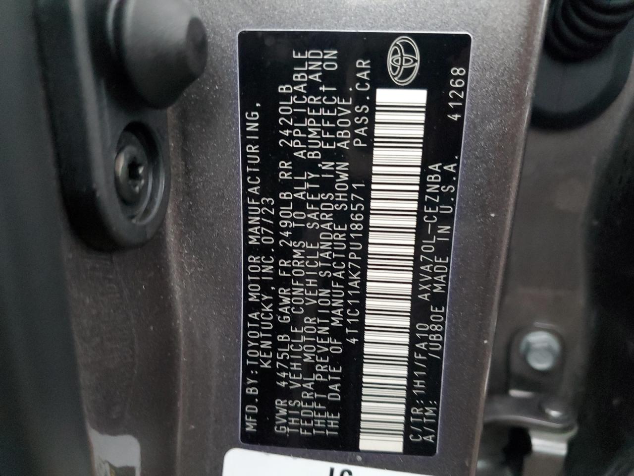 2023 TOYOTA CAMRY LE VIN:4T1C11AK7PU186571