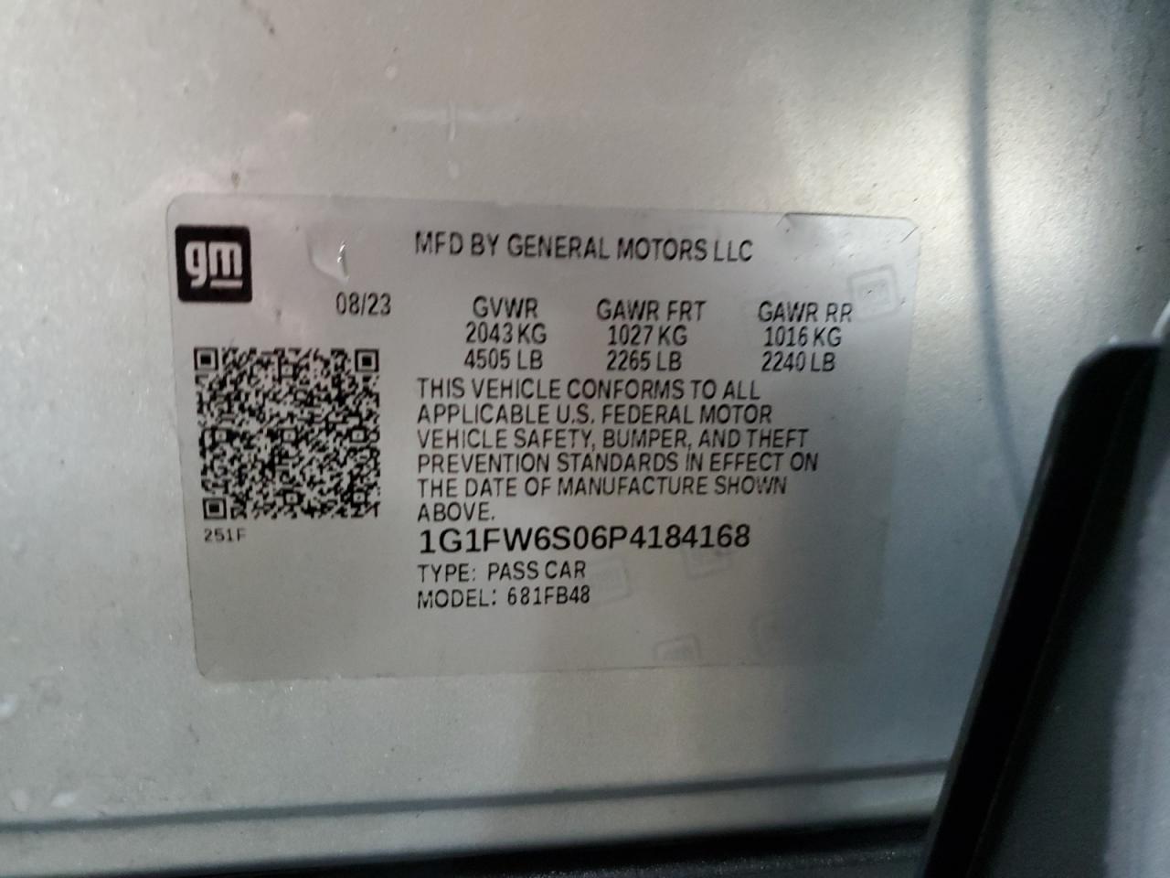 2023 CHEVROLET BOLT EV 1LT VIN:1G1FW6S06P4184168