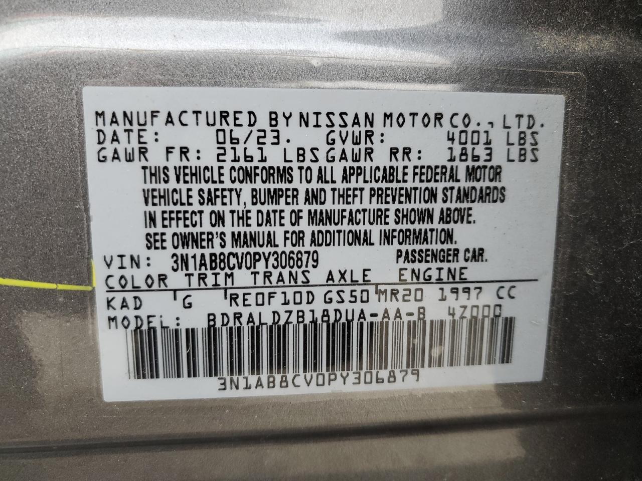 2023 NISSAN SENTRA SV VIN:3N1AB8CV0PY306879