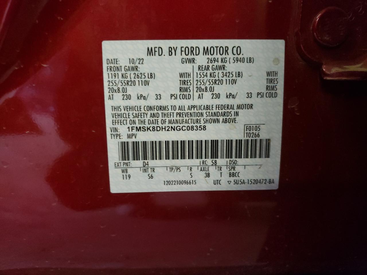 2022 FORD EXPLORER XLT VIN:1FMSK8DH2NGC08358