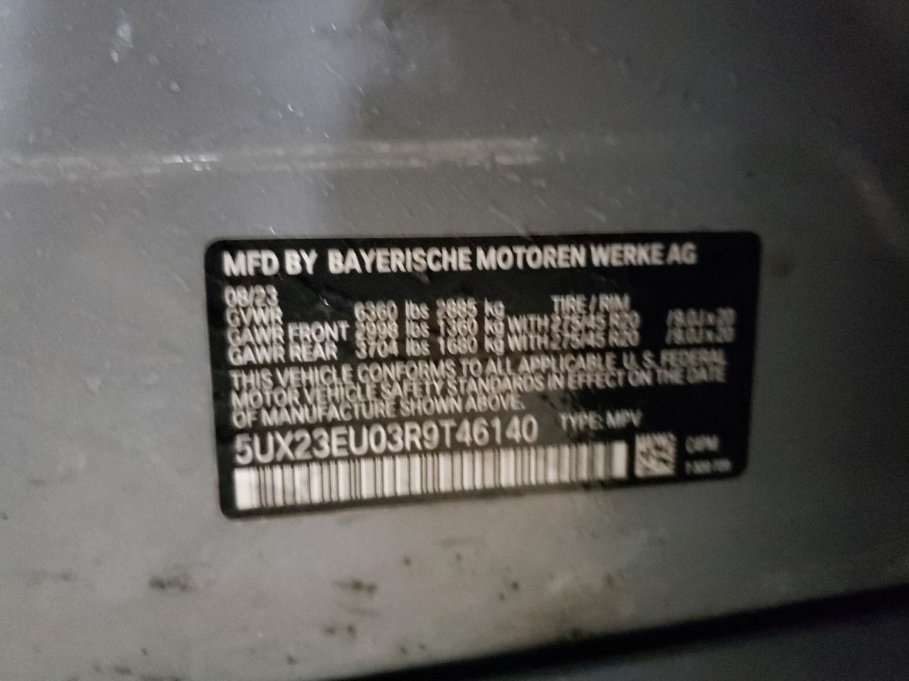 2024 BMW X5 XDRIVE40I VIN:5UX23EU03R9T46140