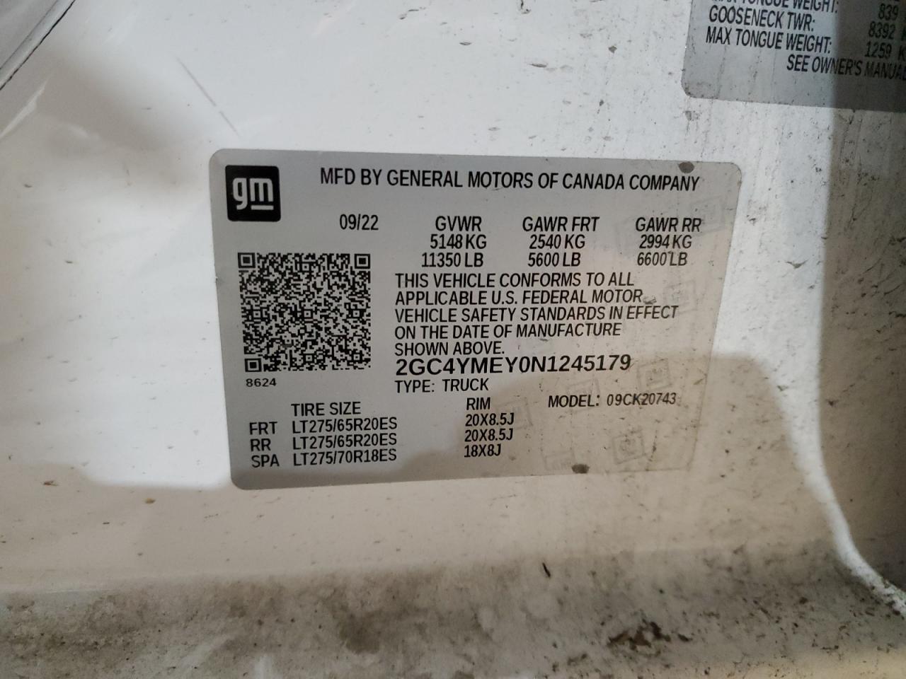 2022 CHEVROLET SILVERADO K2500 CUSTOM VIN:2GC4YMEY0N1245179