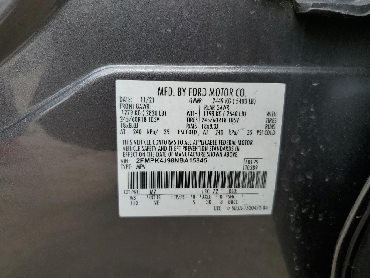 2022 FORD EDGE SEL VIN:2FMPK4J98NBA15845