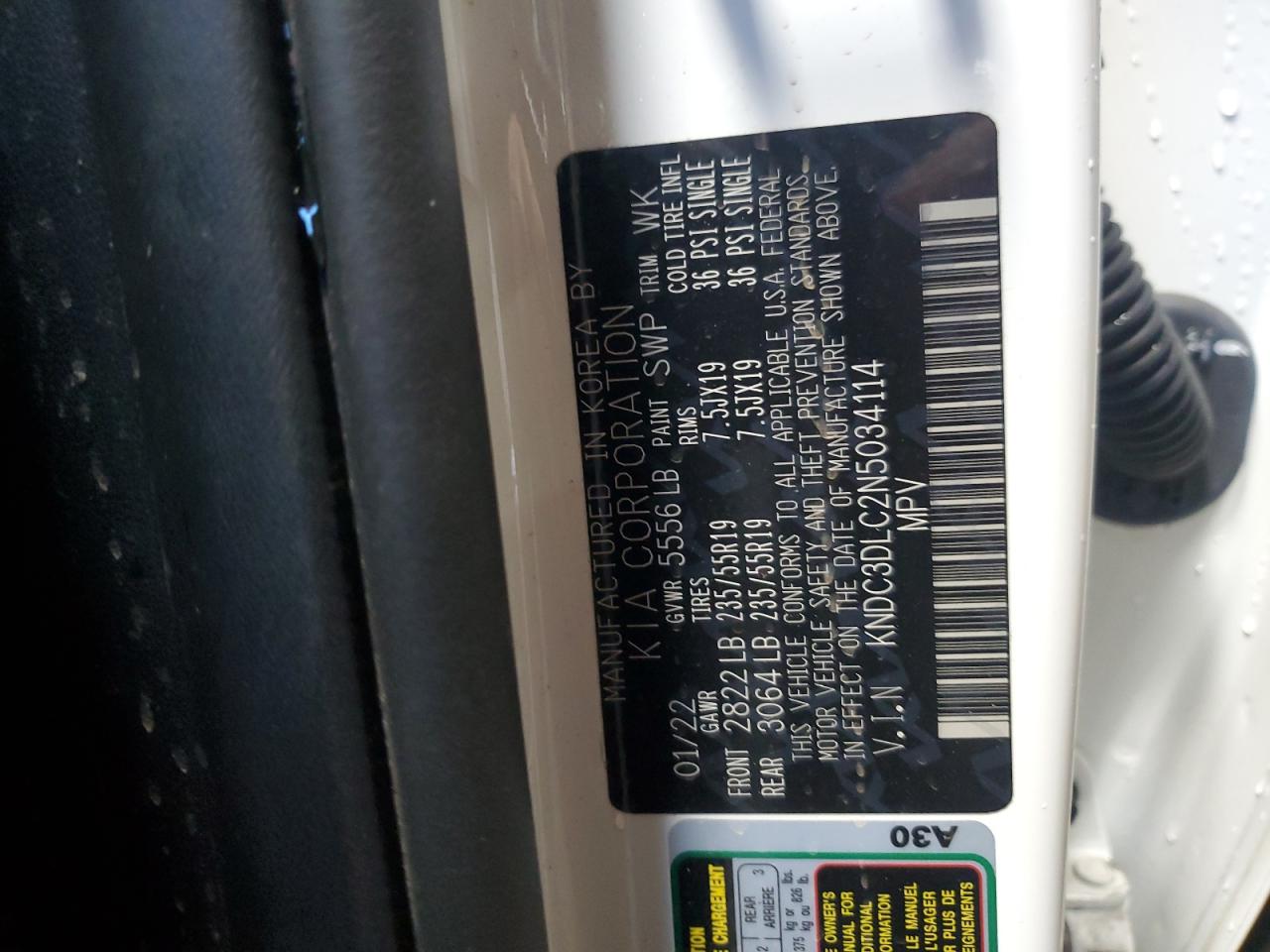 2022 KIA EV6 LIGHT VIN:KNDC3DLC2N5034114