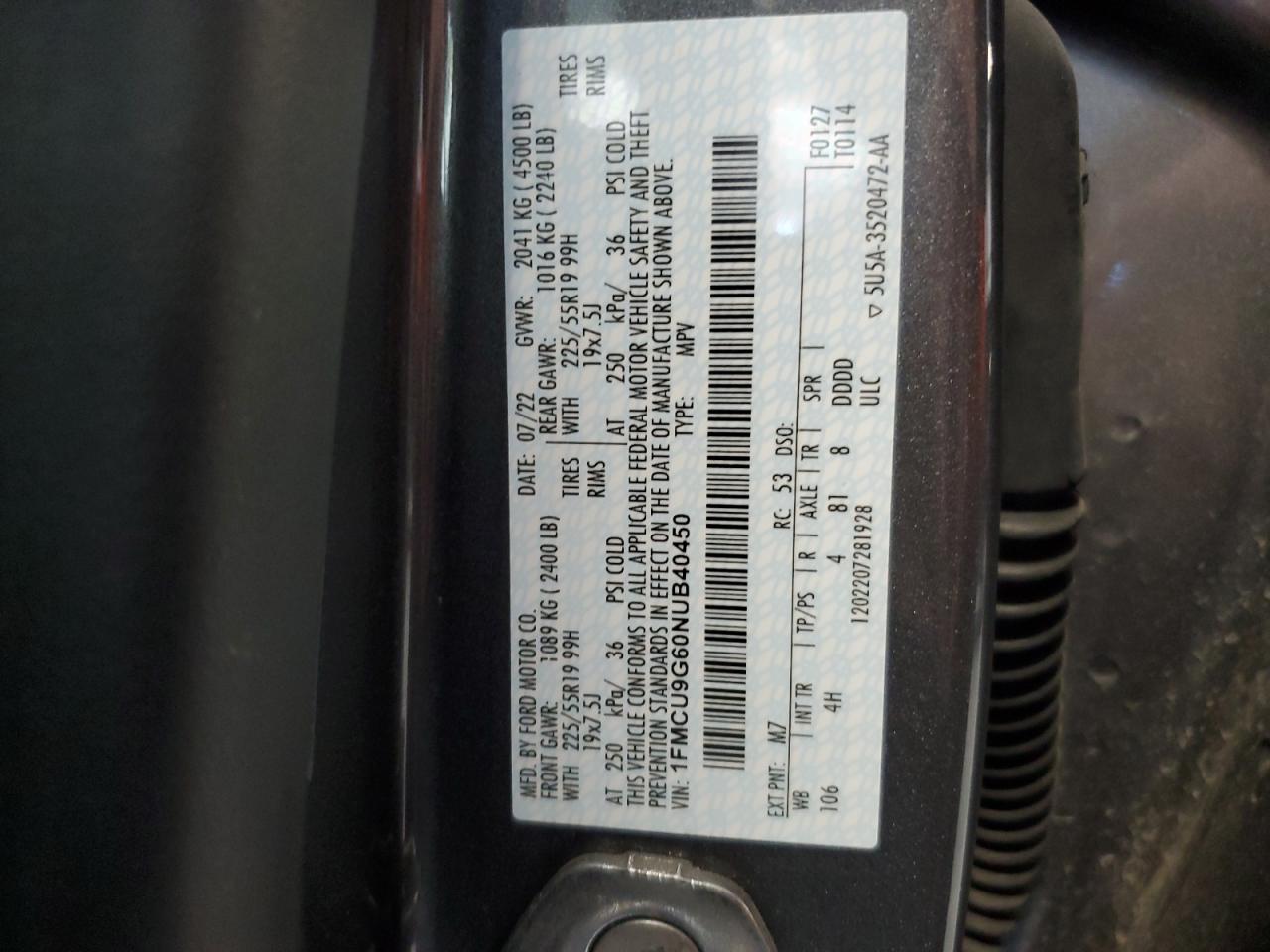 2022 FORD ESCAPE SE VIN:1FMCU9G60NUB40450