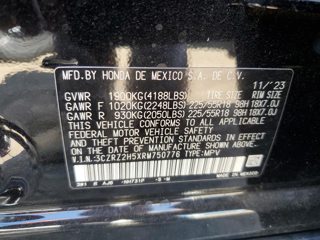 2024 HONDA HR-V SPORT VIN:3CZRZ2H5XRM750776