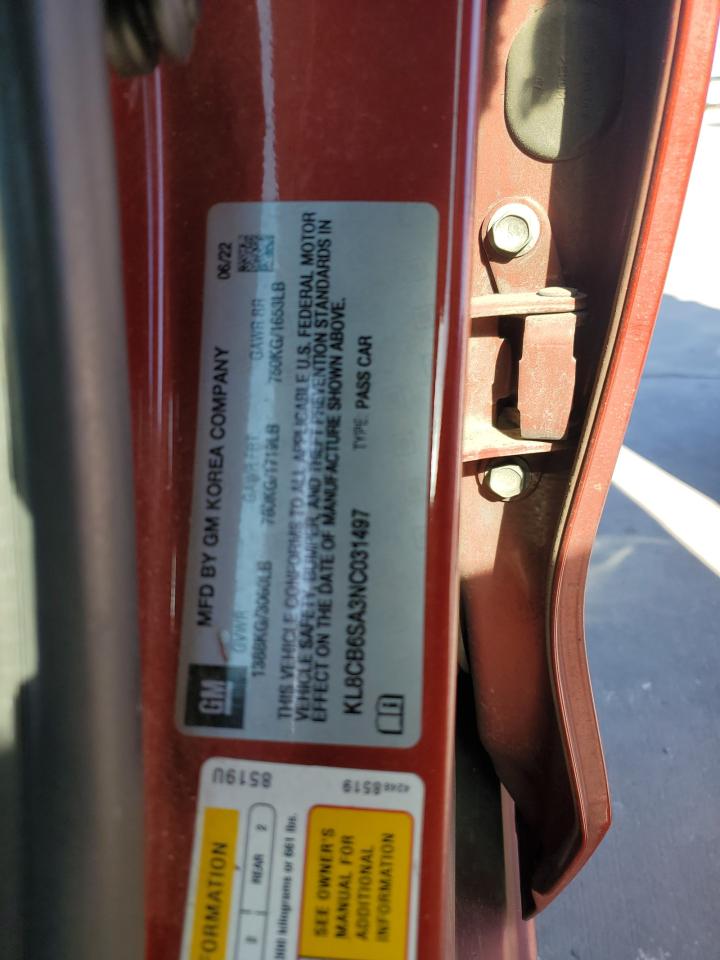 2022 CHEVROLET SPARK LS VIN:KL8CB6SA3NC031497