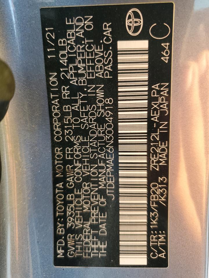 2022 TOYOTA COROLLA LE VIN:JTDEPMAE6N3004918