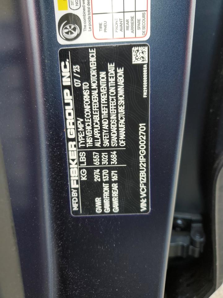 2023 FISKER INC. OCEAN OCEAN ONE VIN:VCF1ZBU21PG002701