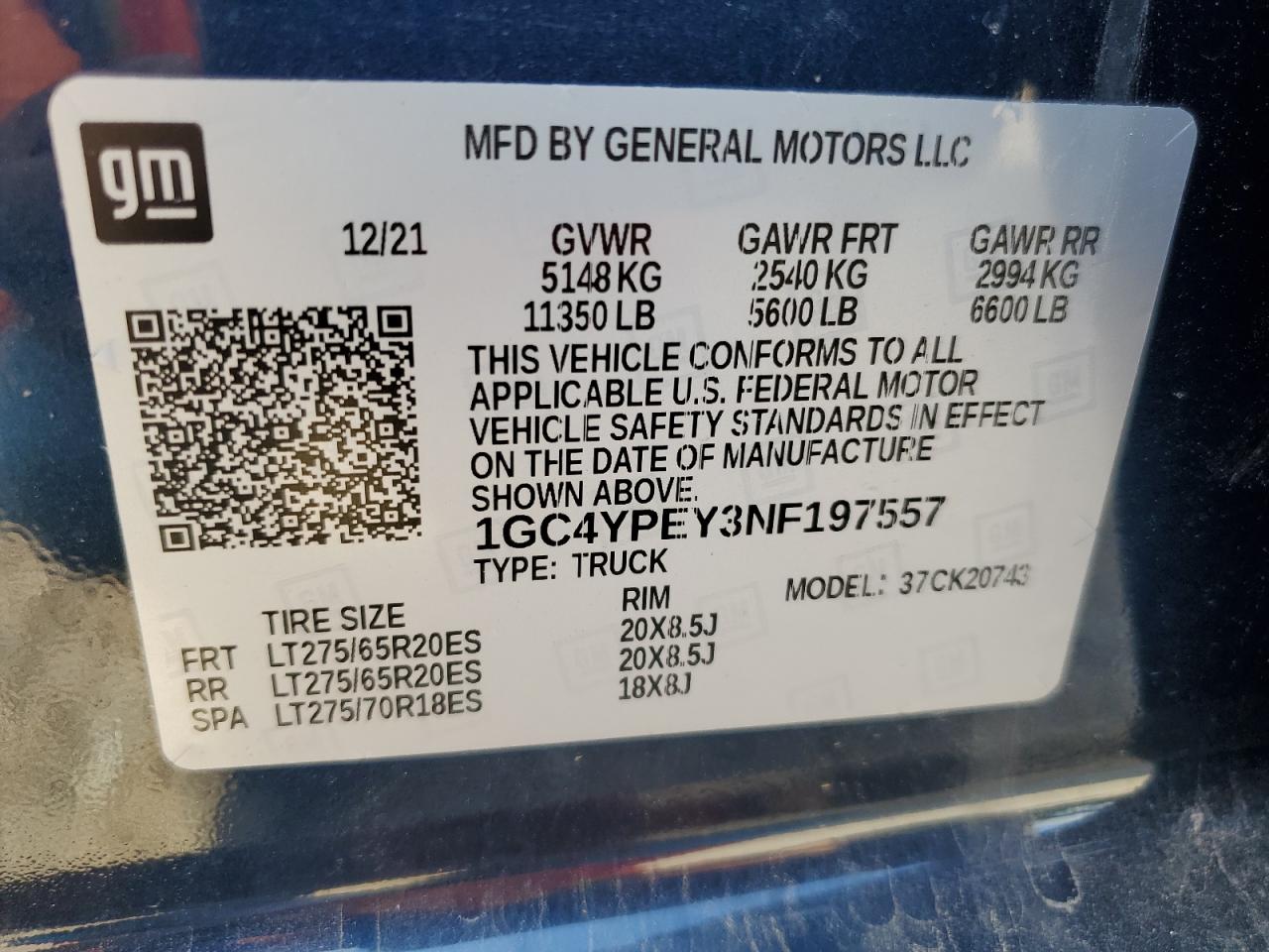 2022 CHEVROLET SILVERADO K2500 HEAVY DUTY LTZ VIN:1GC4YPEY3NF197557