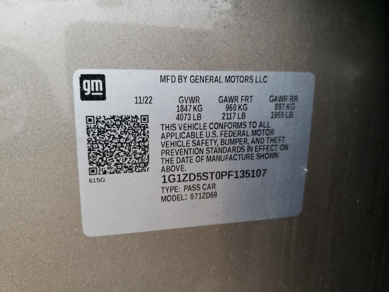 2023 CHEVROLET MALIBU LT VIN:1G1ZD5ST0PF135107