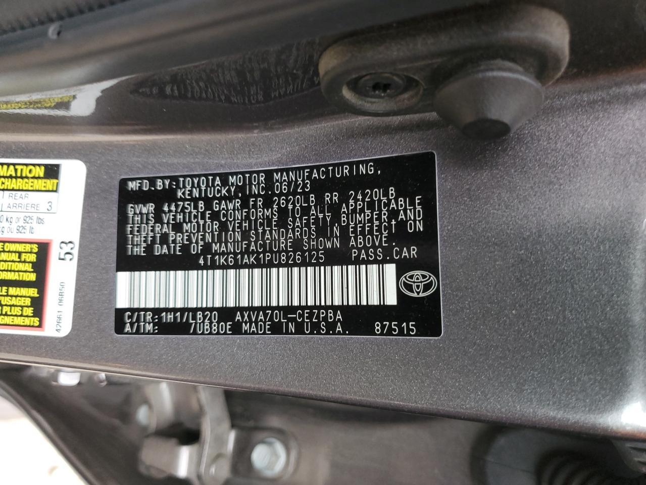 2023 TOYOTA CAMRY XSE VIN:4T1K61AK1PU826125