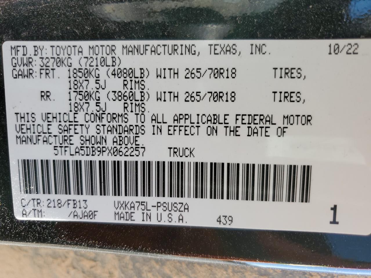 2023 TOYOTA TUNDRA CREWMAX SR VIN:5TFLA5DB9PX062257