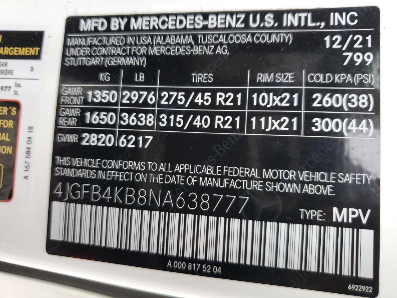 2022 MERCEDES-BENZ GLE 350 4MATIC VIN:4JGFB4KB8NA638777