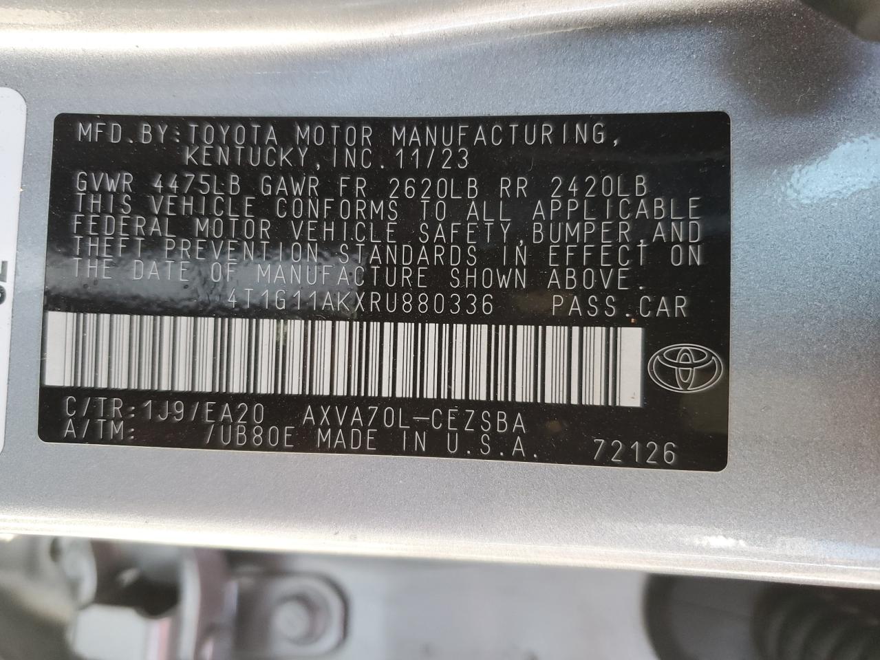 2024 TOYOTA CAMRY SE NIGHT SHADE VIN:4T1G11AKXRU880336