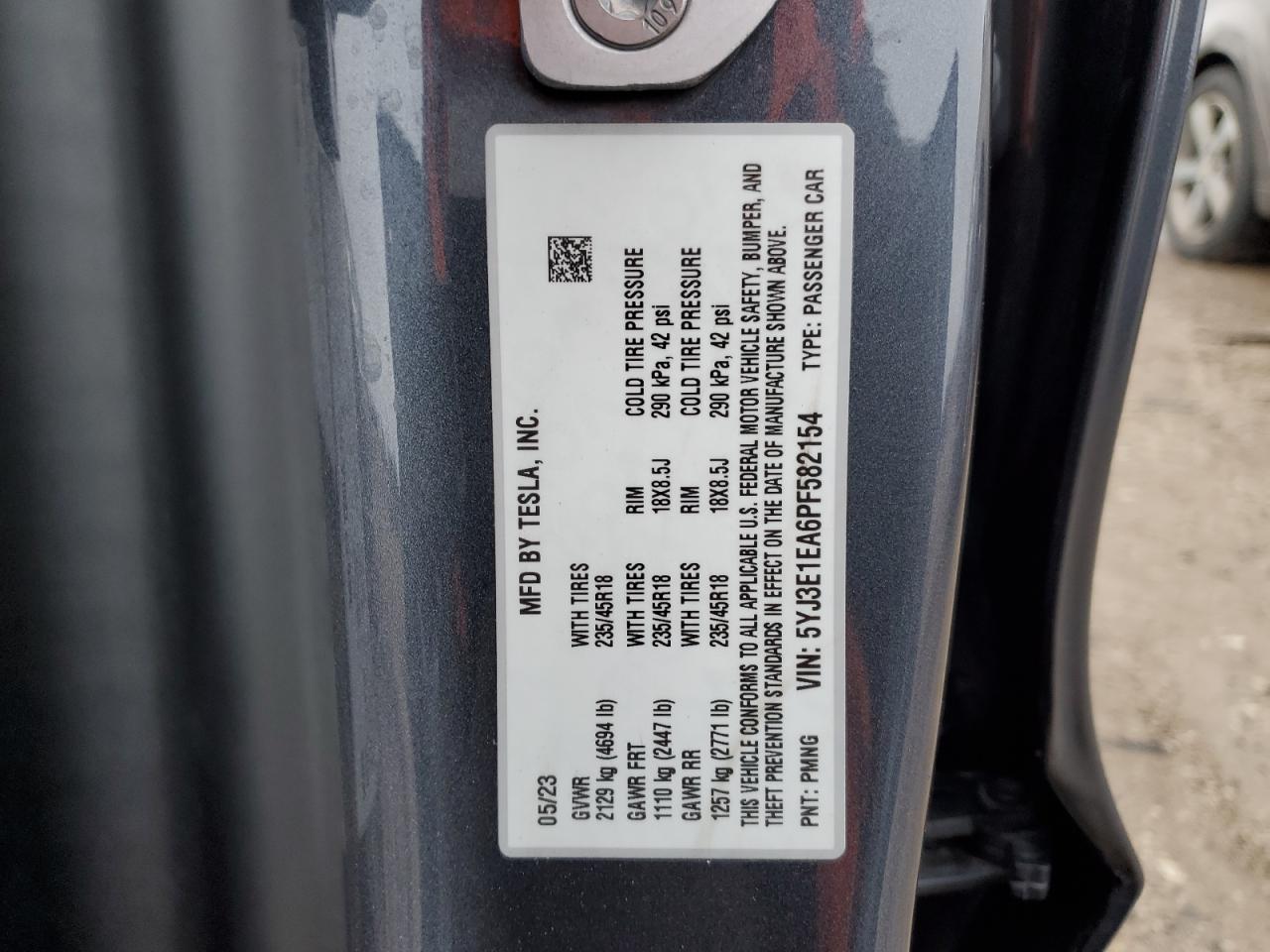 2023 TESLA MODEL 3 VIN:5YJ3E1EA6PF582154