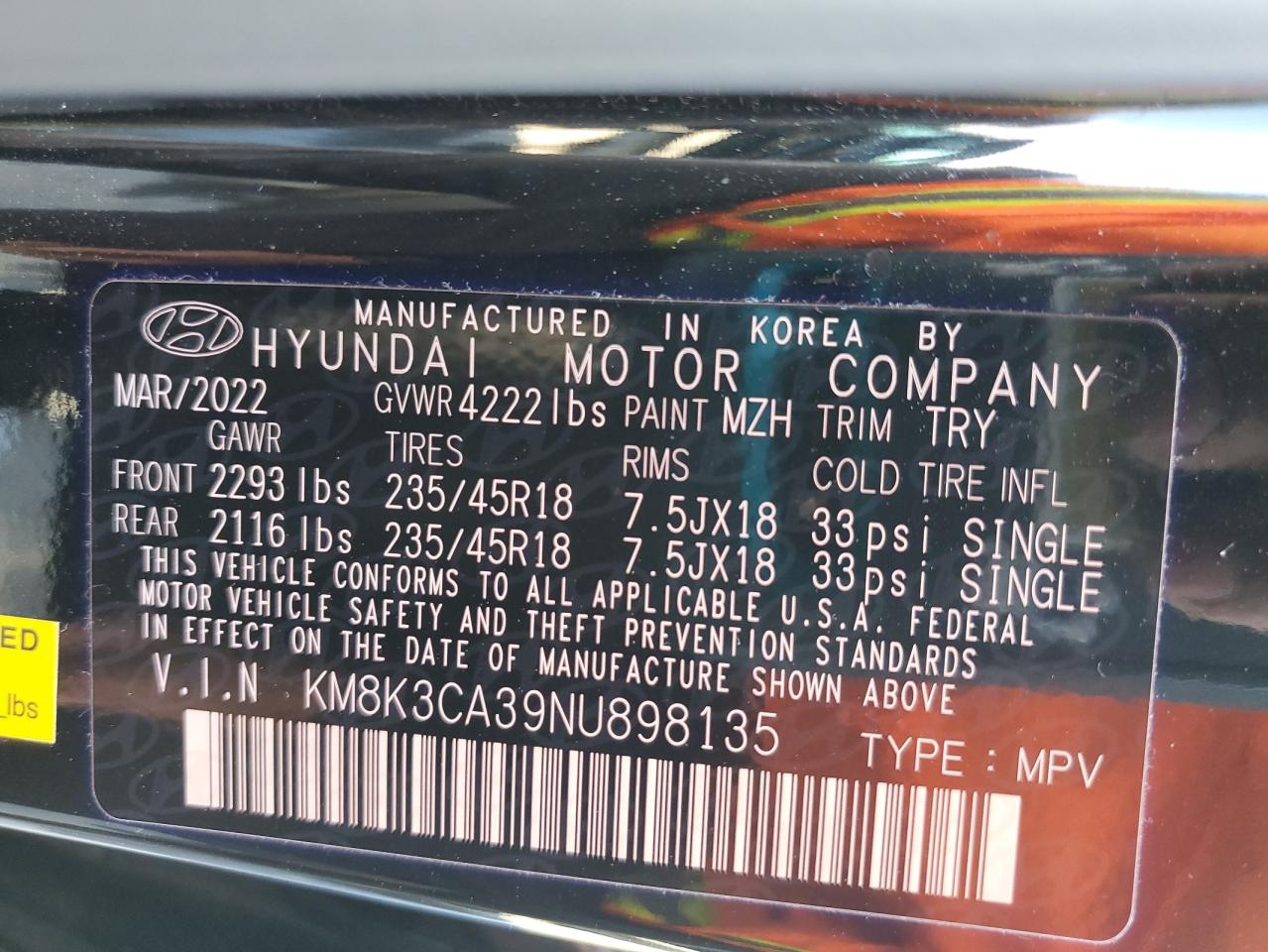 2022 HYUNDAI KONA N LINE VIN:KM8K3CA39NU898135
