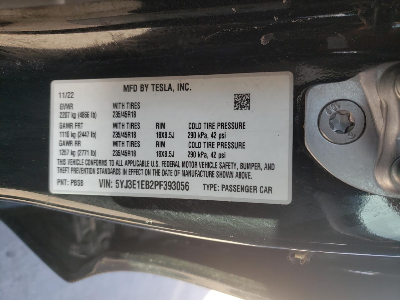 2023 TESLA MODEL 3 VIN:5YJ3E1EB2PF393056