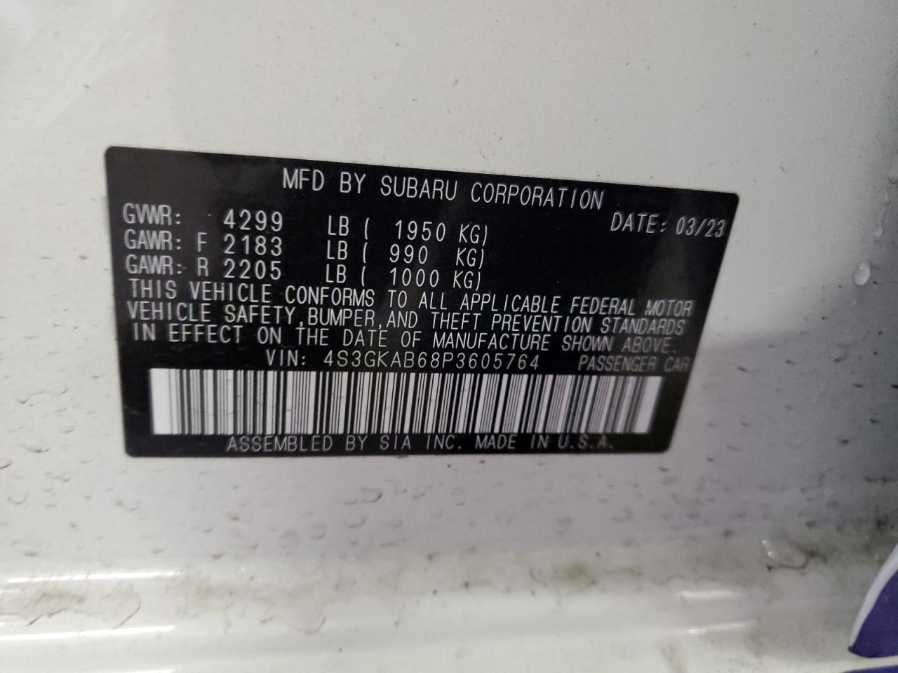 2023 SUBARU IMPREZA VIN:4S3GKAB68P3605764