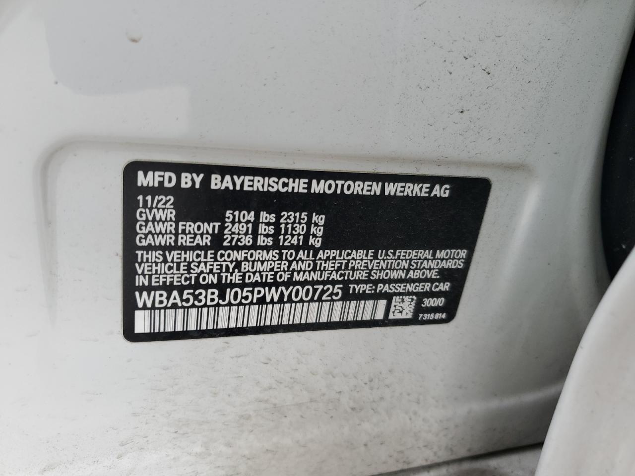 2023 BMW 540 I VIN:WBA53BJ05PWY00725