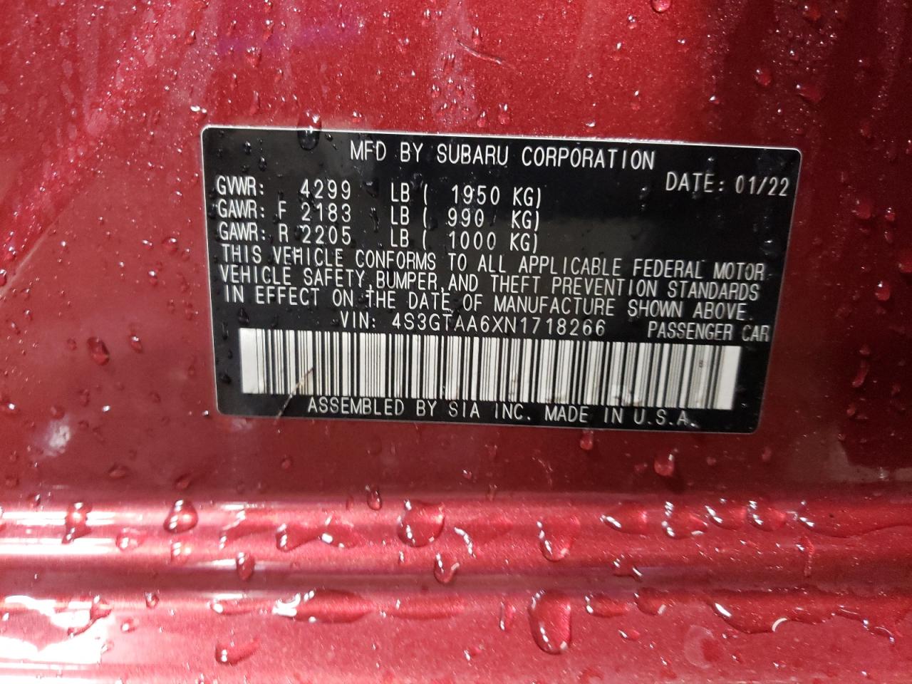 2022 SUBARU IMPREZA VIN:4S3GTAA6XN1718266