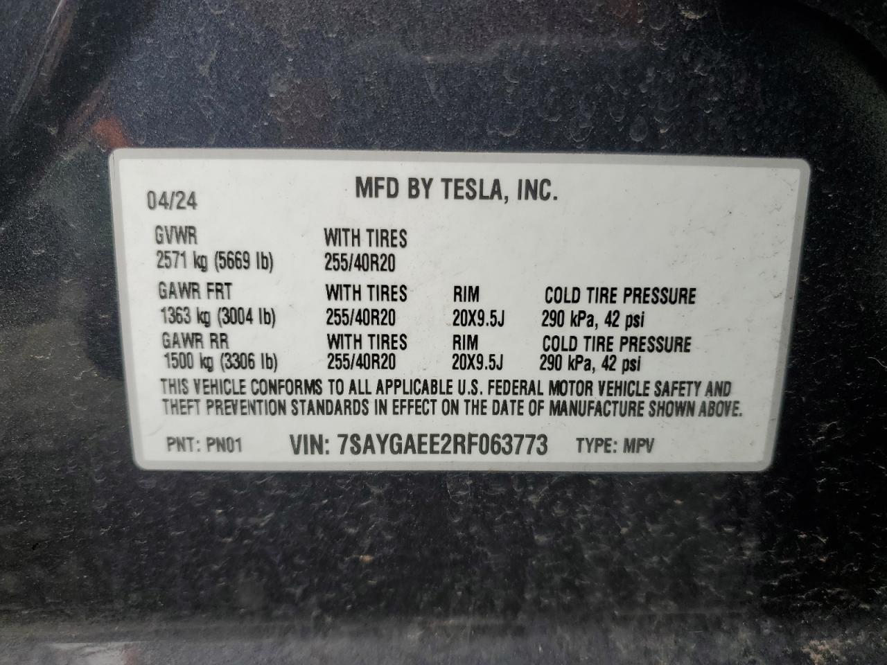 2024 TESLA MODEL Y VIN:7SAYGAEE2RF063773