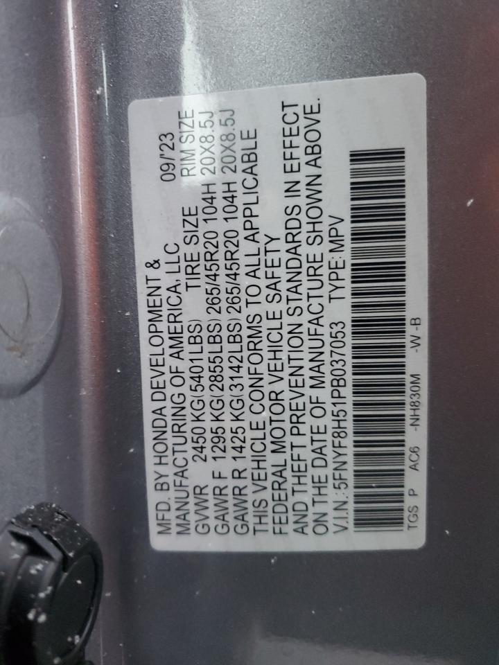 2023 HONDA PASSPORT EXL VIN:5FNYF8H51PB037053