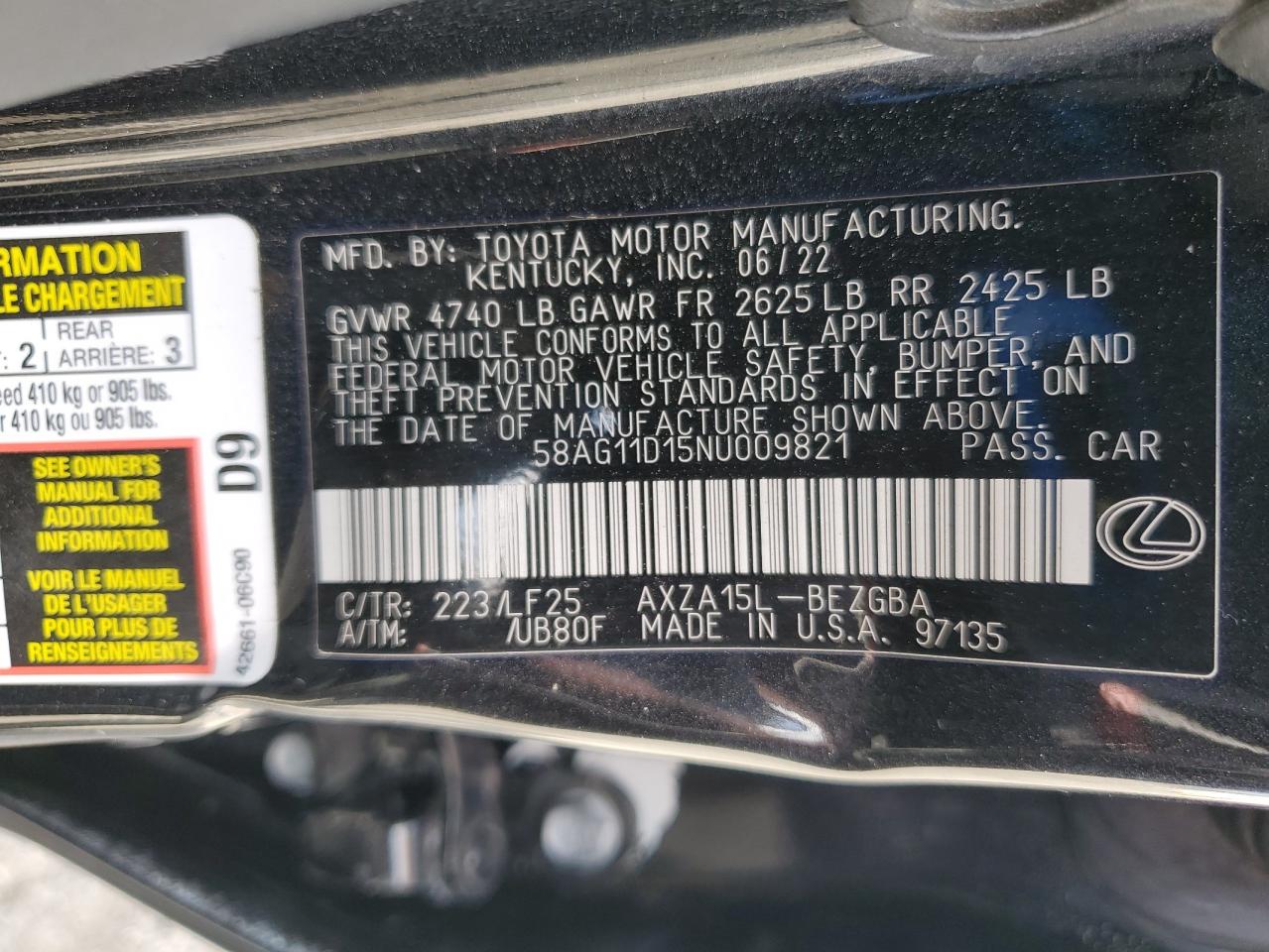 2022 LEXUS ES 250 BASE VIN:58AG11D15NU009821