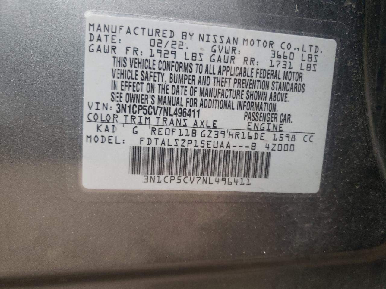 2022 NISSAN KICKS SV VIN:3N1CP5CV7NL496411