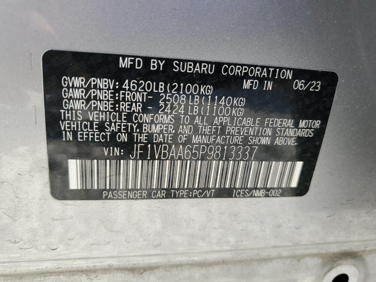 2023 SUBARU WRX VIN:JF1VBAA65P9813337