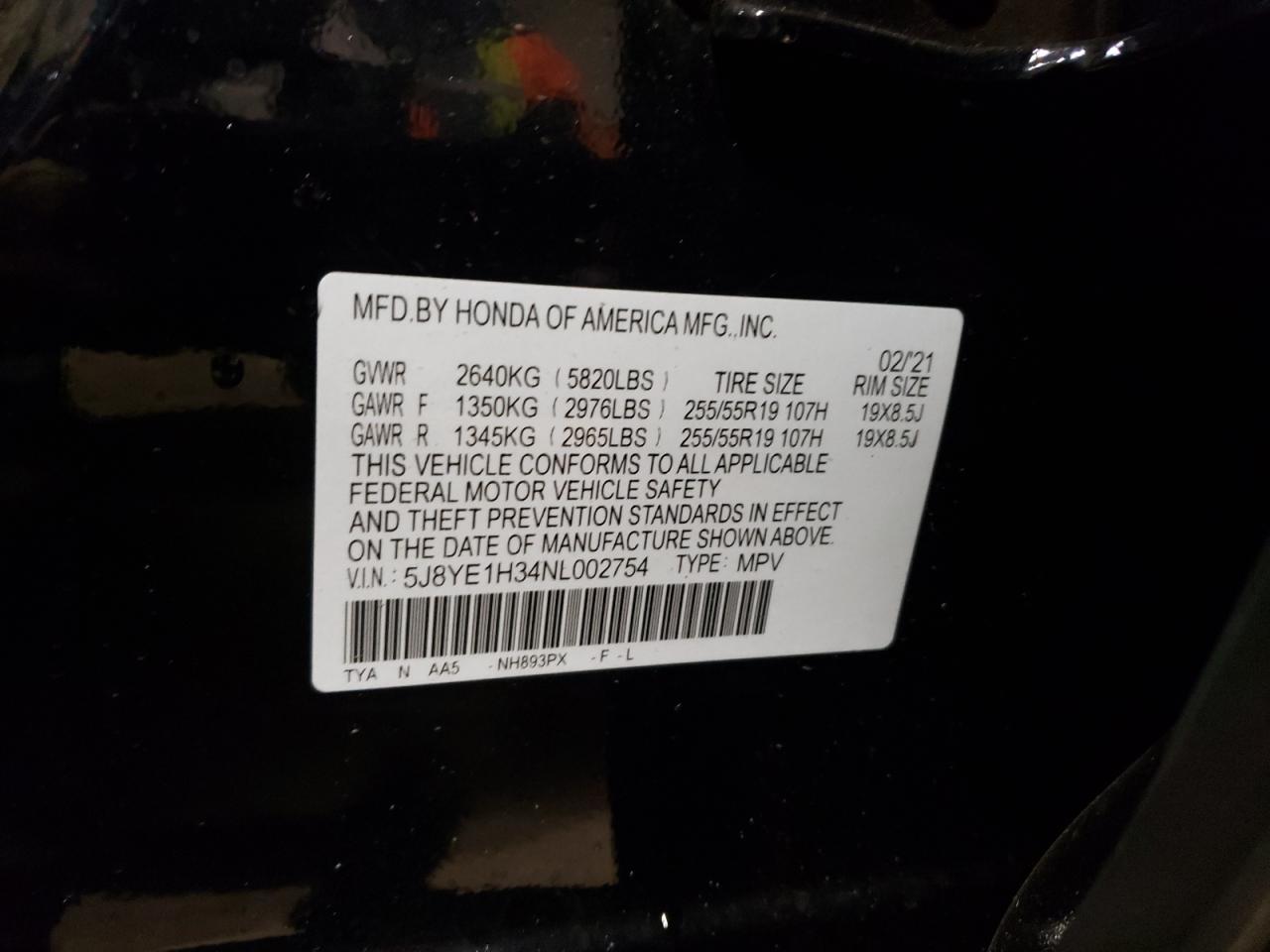 2022 ACURA MDX VIN:5J8YE1H34NL002754