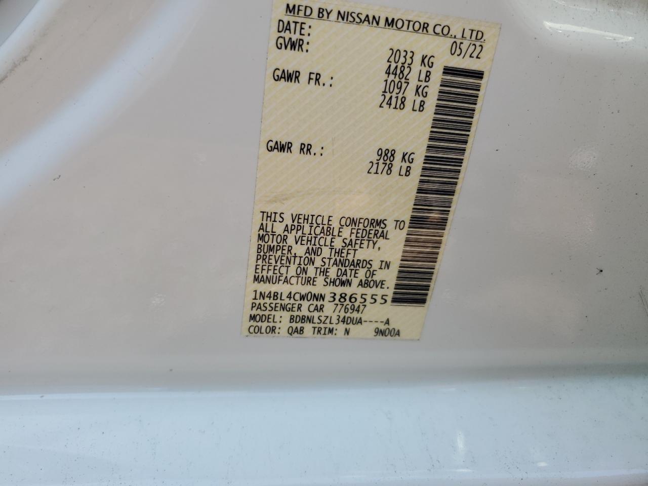 2022 NISSAN ALTIMA SR VIN:1N4BL4CW0NN386555