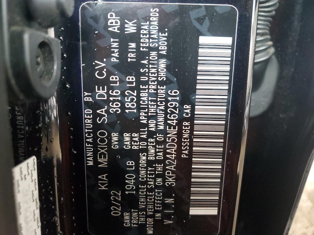 2022 KIA RIO LX VIN:3KPA24AD5NE462916