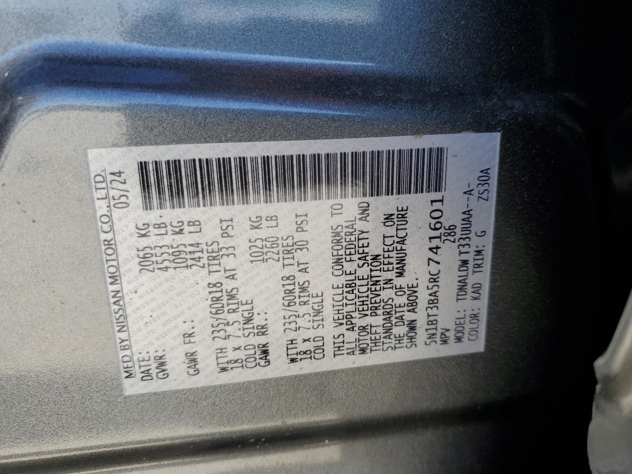 2024 NISSAN ROGUE SV VIN:5N1BT3BA5RC741601