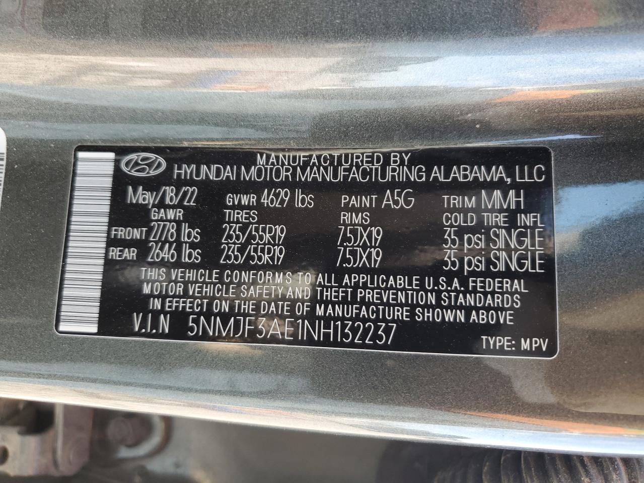 2022 HYUNDAI TUCSON SEL VIN:5NMJF3AE1NH132237